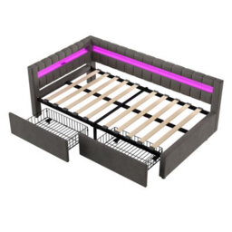 Abrihome Grey Velvet Single Daybed With 2 Drawers, Led Charging Station & Tufted Design, Easy Assembly - thumbnail 7