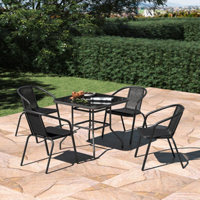 Living And Home Set Of 5 Black 4 Seater Garden Dining Set Patio Square Coffee Table And Stackable Chairs Set Outdoor 80Cm - image 1