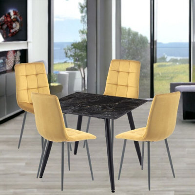 Urbn-Living Urbnliving 5Pcs Crimea Shinny Modern Ceramic Top Dining Table & Yellow Velvet Chairs With Metal Legs - image 1
