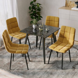Urbn-Living Urbnliving 5Pcs Crimea Shinny Modern Ceramic Top Dining Table & Yellow Velvet Chairs With Metal Legs - thumbnail 2