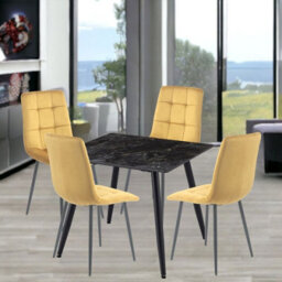 Urbn-Living Urbnliving 5Pcs Crimea Shinny Modern Ceramic Top Dining Table & Yellow Velvet Chairs With Metal Legs