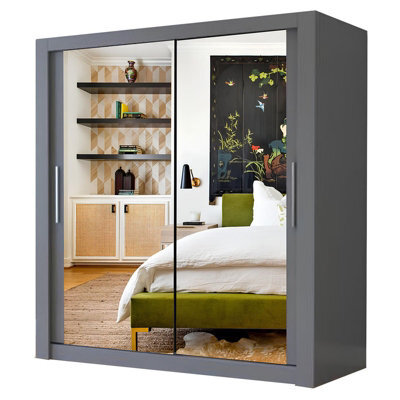 Ie Milan Sliding Mirror Door Wardrobe With Drawers & Shelves - Modern Bedroom Wardrobe, Grey, (203 Cm X 216Cm ) - image 1