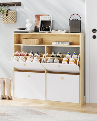 Slim Freestanding Shoe Storage Cabinet With 4 Flip Drawers & Open Display Shelf, For Entryway Hallway Porch Home, White - image 1