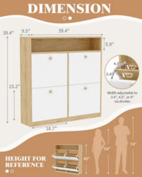 Slim Freestanding Shoe Storage Cabinet With 4 Flip Drawers & Open Display Shelf, For Entryway Hallway Porch Home, White - thumbnail 8