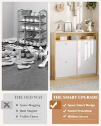 Slim Freestanding Shoe Storage Cabinet With 4 Flip Drawers & Open Display Shelf, For Entryway Hallway Porch Home, White - thumbnail 7