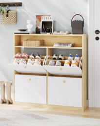 Slim Freestanding Shoe Storage Cabinet With 4 Flip Drawers & Open Display Shelf, For Entryway Hallway Porch Home, White