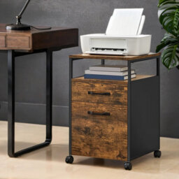 Ledrem Mobile File Cabinet With 2 Drawers, Open Shelf, Steel Frame, Rustic Brown And Ink Black - thumbnail 1