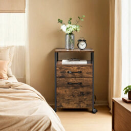 Ledrem Mobile File Cabinet With 2 Drawers, Open Shelf, Steel Frame, Rustic Brown And Ink Black - thumbnail 2