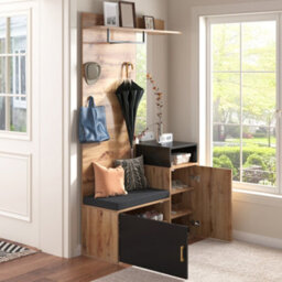 Abrihome Wall-Mounted Wardrobe Set With 4 Coat Hooks, Mirror, Shoe Storage & Bench, Hallway Wardrobe With Bench Seat, Black & Wood - thumbnail 7