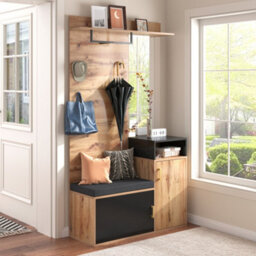 Abrihome Wall-Mounted Wardrobe Set With 4 Coat Hooks, Mirror, Shoe Storage & Bench, Hallway Wardrobe With Bench Seat, Black & Wood - thumbnail 8