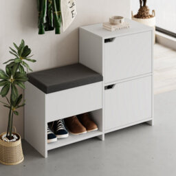 Decortie Modern Haven Shoe Bench Rack White 101.5(W) Organiser Hallway 2 Cupboard Storage Cabinet 1 Open Shelf Fabric Seat