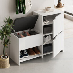 Decortie Modern Haven Shoe Bench Rack White 101.5(W) Organiser Hallway 2 Cupboard Storage Cabinet 1 Open Shelf Fabric Seat - thumbnail 4