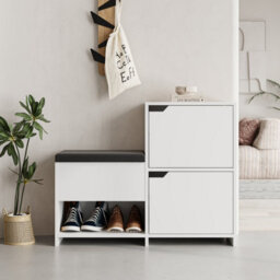 Decortie Modern Haven Shoe Bench Rack White 101.5(W) Organiser Hallway 2 Cupboard Storage Cabinet 1 Open Shelf Fabric Seat - thumbnail 6