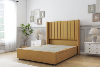 "Sloomy Falcon Mustard Plush Divan Bed Base No Drawers With 54"" Wingback Headboard 4' Small Double" - image 1