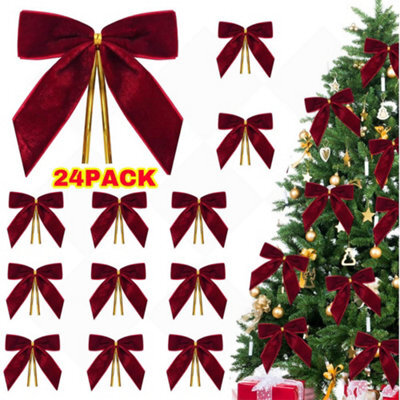 Amorly 24Pcs Red Velvet Christmas Bows, Xmas Tree Ornament Bows For Garland, Holiday Party Home Decoration - image 1