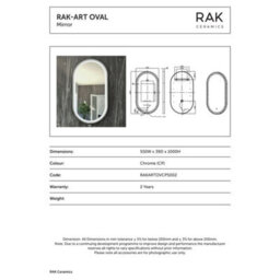 RAK Ceramics Rak Art Oval Led Illuminated Bathroom Mirror With Touch Sensor, Chrome Frame, 550 X 1000mm - Ip44 Rated - thumbnail 2
