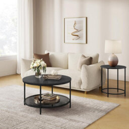 Songmics Vasagle Wide Sofa Cocktail Table, Coffee Table, Round Occasional Table, Tempered Glass Shelf, Marble Black & Ink Black - thumbnail 3