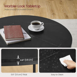 Songmics Vasagle Wide Sofa Cocktail Table, Coffee Table, Round Occasional Table, Tempered Glass Shelf, Marble Black & Ink Black - thumbnail 4