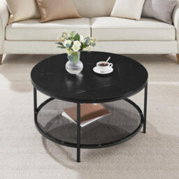 Songmics Vasagle Wide Sofa Cocktail Table, Coffee Table, Round Occasional Table, Tempered Glass Shelf, Marble Black & Ink Black