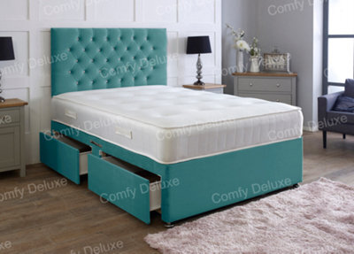 Comfy Deluxe Green  Plush 4Ft6 Double Divan Bed With Mattress And Headboard No Drawers