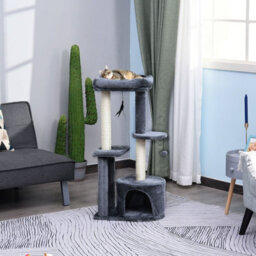 Pawhut 100Cm Cat Tower Condo With House Sisal Scratching Post Perches Grey - thumbnail 1