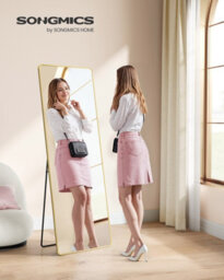 Songmics Full Length Mirror, 160 X 50 Cm, Rectangle Full Body Mirror With Stand, Aluminium Alloy Frame Floor Mirror,pale Gold