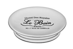 Orsina Luxe Cream Soap Dish With Ridged Base,stoneware Soap Holder With Black French Lettering,soap Tray For Sink