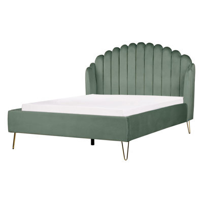 Beliani Bed Velvet Ambillou 140 X 200 Cm (Eu Double) Green - image 1