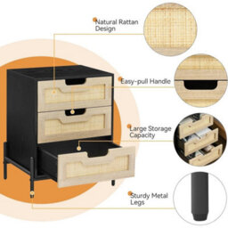 Rattan 3 Drawer Nightstand Metal Legs Bedroom End Table - thumbnail 3