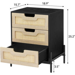 Rattan 3 Drawer Nightstand Metal Legs Bedroom End Table - thumbnail 2