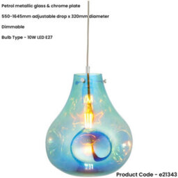Loops Hanging Ceiling Pendant Light - Large Petrol Blue Metallic Glass & Chrome Plate - 10W Led E27 - thumbnail 2
