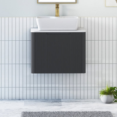 Royal Bathrooms Avenza 600mm Matt Obsidian Black Wall Hung Bathroom Countertop Vanity Unit 1 Drawer With Cube Basin - image 1