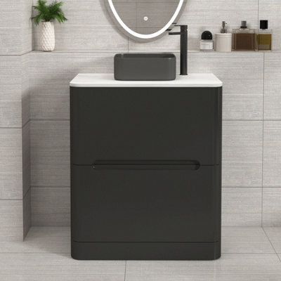 Royal Bathrooms Venice 700mm Matt Nocturne Black Freestanding Bathroom Countertop Vanity Unit 2 Drawer With Art Square Basin - image 1