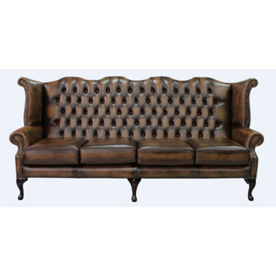 Chesterfield 4 Seater Wing High Back Antique Tan Leather Sofa In Queen Anne Style - image 1