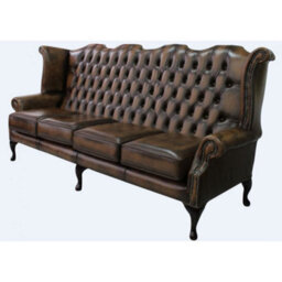 Chesterfield 4 Seater Wing High Back Antique Tan Leather Sofa In Queen Anne Style - thumbnail 6