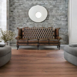Chesterfield 4 Seater Wing High Back Antique Tan Leather Sofa In Queen Anne Style - thumbnail 2