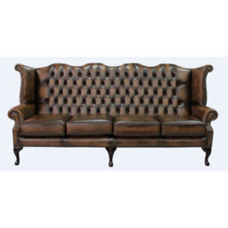 Chesterfield 4 Seater Wing High Back Antique Tan Leather Sofa In Queen Anne Style - thumbnail 1