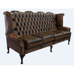 Chesterfield 4 Seater Wing High Back Antique Tan Leather Sofa In Queen Anne Style - thumbnail 3