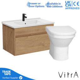 Vitra 600mm Wall Hung Bathroom Vanity Unit With 1 Drawer Includes Basin, Black Tap And Back To Wall Toilet - Golden Oak