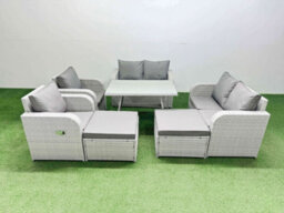 Fimous 8 Seater Rattan Garden Furniture Set Outdoor Love Sofa Set With Rectangular Dining Table 2 Big Footstools Light Grey - thumbnail 2