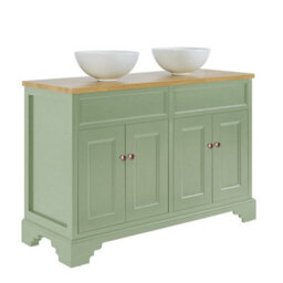 Homestylestore Pastel Green And Oak 1210mm Bathroom Vanity Unit With 2 Round Countertop Basins And Round Aged Bronze Handles - thumbnail 1