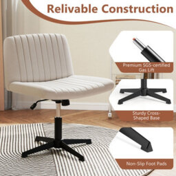 Costway Cross-Legged Swivel Desk Chair Armless Vanity Chair With Wide Seat-Beige - thumbnail 9
