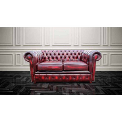 Chesterfield 2 Seater Antique Oxblood Red Leather Sofa Settee In Classic Style - image 1