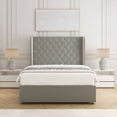 Bsspoke Amelia Divan Bed Set Silver Plush Velvet 54Inch Panel Headboard & Mattress No Drawers In 3Ft 4Ft 4Ft6 5Ft 6Ft - image 1