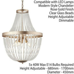 Hanging Ceiling Pendant Light Rose Gold & Glass Beads Modern Round Lamp Shade - thumbnail 2