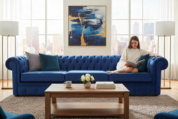 Chesterfield Original Thomas 5 Seater Sofa Amalfi Royal Blue Velvet Fabric In Classic Style - thumbnail 2