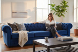 Chesterfield Original Thomas 5 Seater Sofa Amalfi Royal Blue Velvet Fabric In Classic Style - thumbnail 3