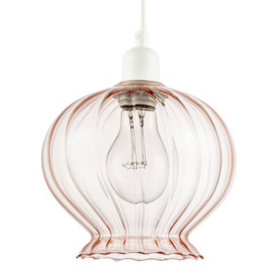 Happy Homewares Elegant Ribbed Blush Pink Glass Pendant Light Shade With Scalloped Rim - image 1
