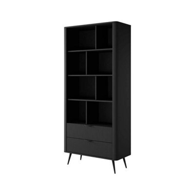 Arte Lante Modern Black Bookcase 880mm H1940mm D380mm With Eight Open Compartments And Two Drawers - image 1