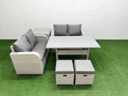 Fimous 6 Seater Outdoor Love Sofa Set Rattan Garden Furniture Set Rectangular Dining Table 2 Small Stools Side Table Light Grey - thumbnail 1